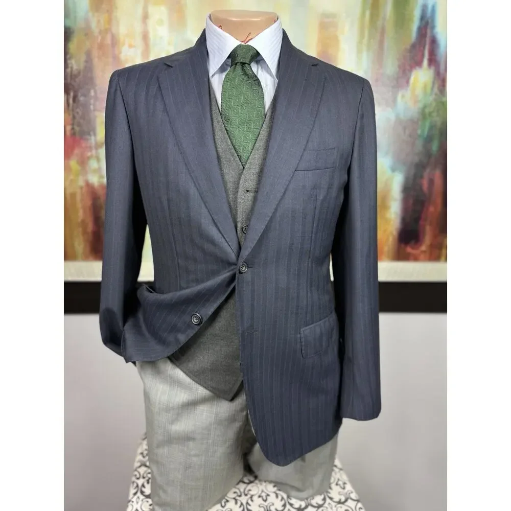 SARTORIO NAPOLI by KITON Italy 40R Blue Herringbone Stripe Wool Blazer 50IT Slim